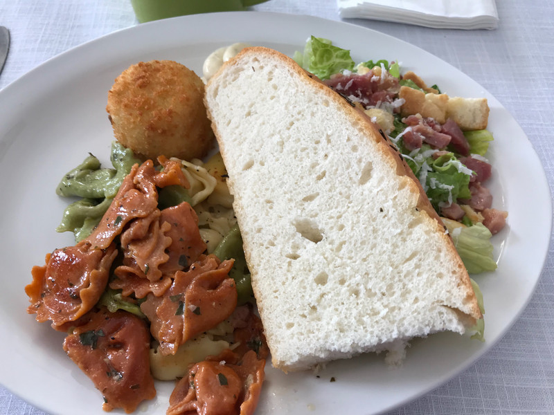 lunch-fish cakes,pesto tortellini, salad,sour dough bread