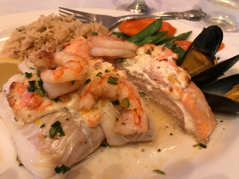dinner/salmon,shrimp &cod w/veggies-yum