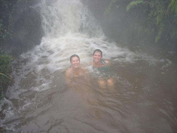 Lisa and Erin soaking in the hot water stream