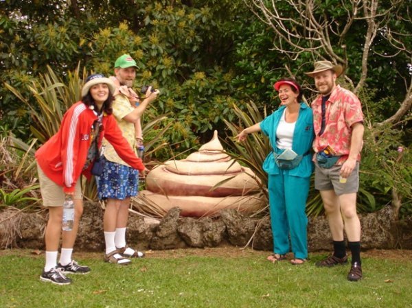 Typical American tourists in front of Kerikeri's largest known poo sculpture (on Halloween)