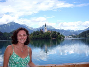 Me in Lake Bled with castle on island behind