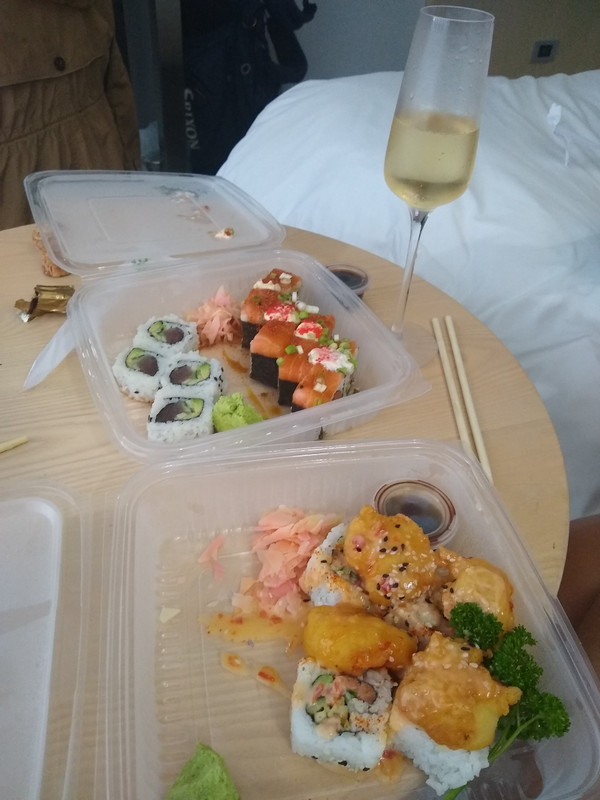 Bubbly and sushi in our room....social distancing the right way in Knysna...