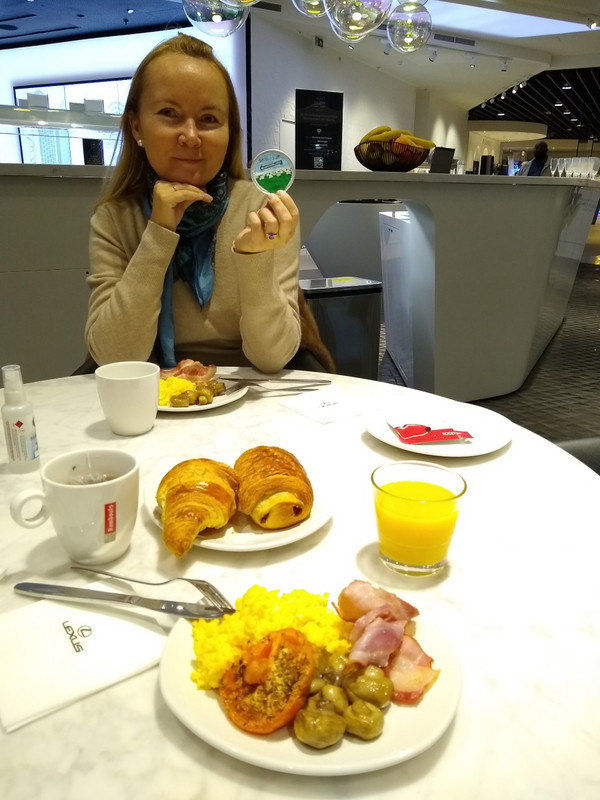 Enjoying breakfast before our flight out of Brussels...