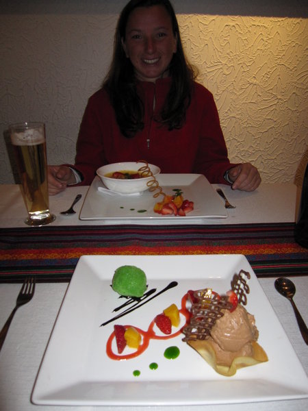 Last diner in La Paz...first trouts from the Titicaca lake, than a great dessert...