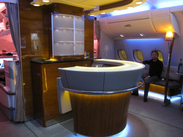 The lounge area in the business class....once airbone, the open the bar!