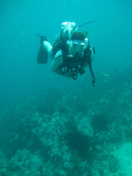 Mari, not great visibility, lot's a drift...but this is her 100th dive!