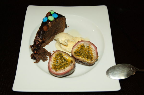 Chocolate cake, vanilla icecream, passion fruit...that's a dessert!