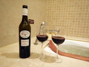 Bath time...and we travelled with our own amazing wine...