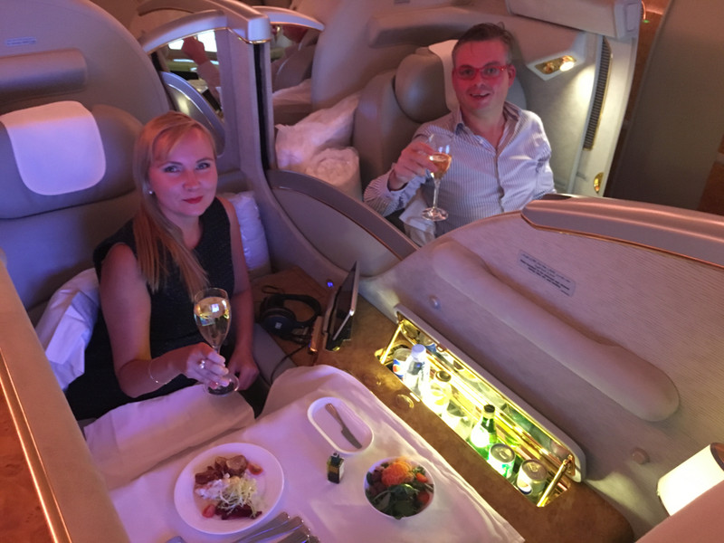 Happy couple! Sadly, from September...emirates is flying the  class A380 on this leg...buy bye cheap upgrades to First!