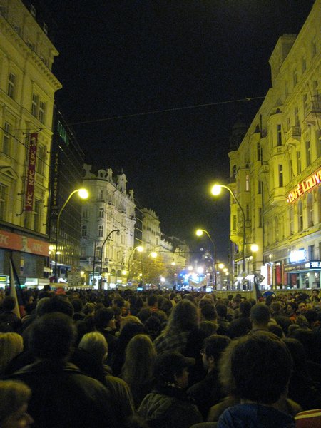 Marching with thousands of Czechs on the 20th anniversary of the Velvet Revolution, Prague.