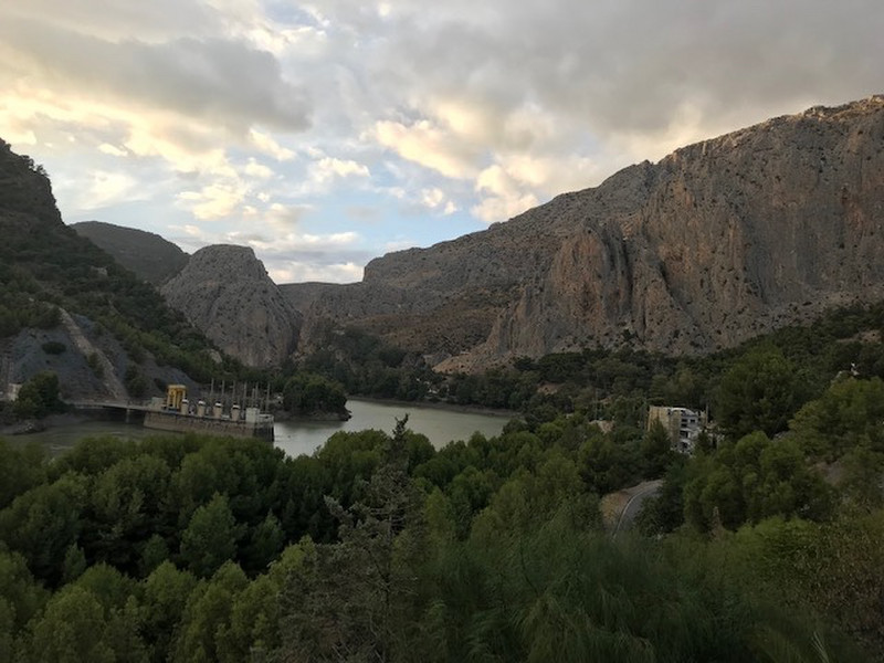Caminito del Rey in distance at sunset 