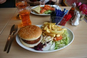Veggie Burger, Chips and and Irn Bru