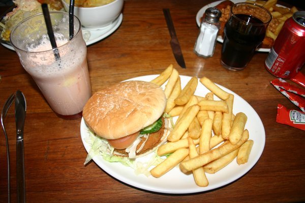 Veggie Burger, Fries and a Raspberry Milkshake