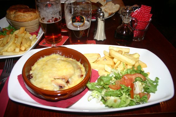 Welsh Chicken with chips and Brains beer