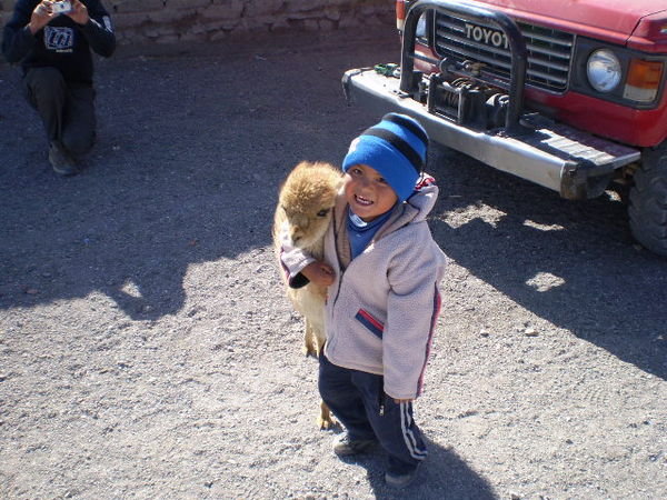 (tour) our guide´s kid w/ an orphan vicuñi in a headlock