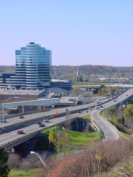 Westbound I-196 overview of downtown
