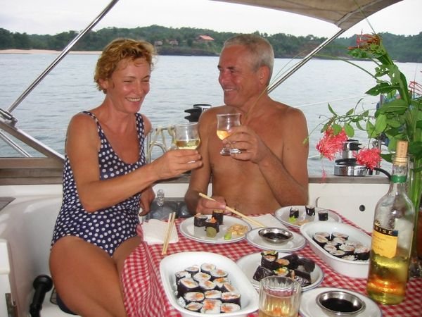 Eva & Gerd in the cockpit of their yacht DADDELDU