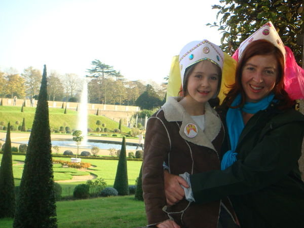 Lauren and Fran in front of formal Tudor garden