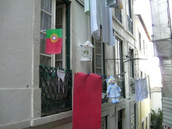 Flag, birds and doll outside window