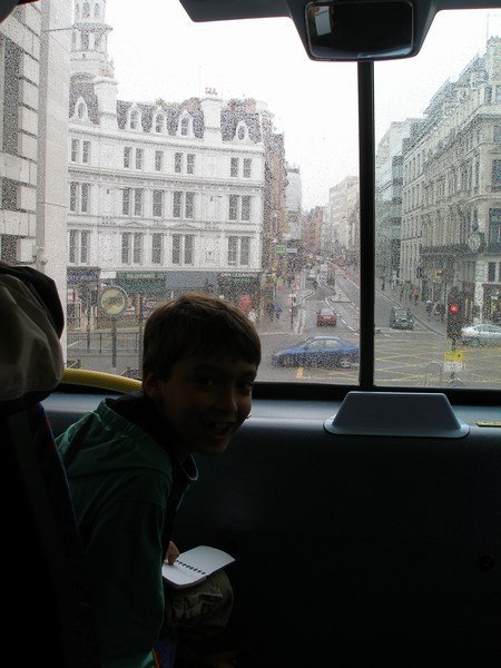 Rhys on his first double-decker bus ride, upstairs and in the front row
