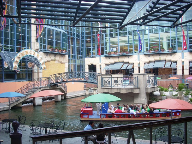 River Center Mall and boats to ride the Riverwalk