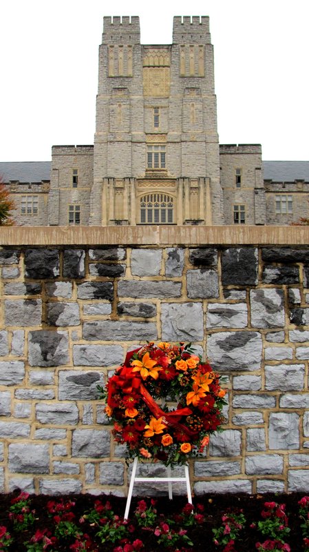 Wreath and Burruss Hall as I stood around the Memorial