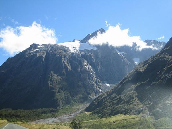Snow capped mountains entering Fiordlands