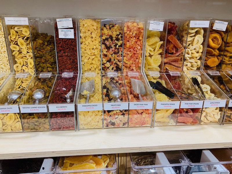 Dried fruit dispensers at the mall in Mandurah 