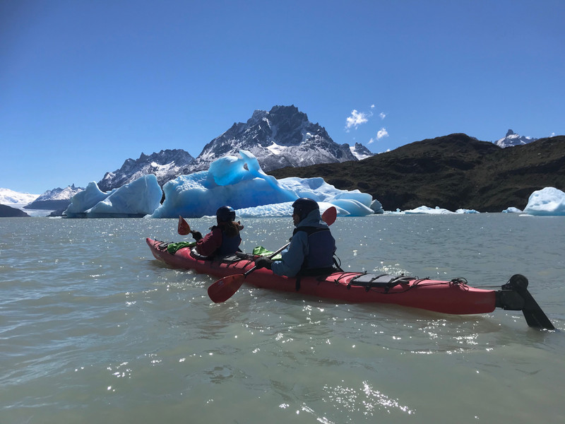 Beautiful day for kayaking with icebergs on Lago Grey