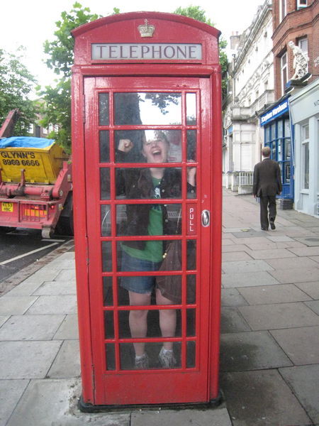 Lesleyanne in the phonebooth.