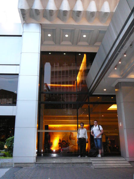 Willy and Joel outside the Narai Hotel before departing Bangkok - hard to believe it was just NZD$40 a night!