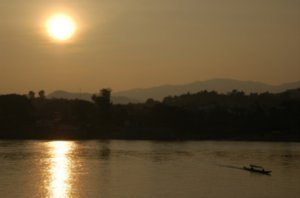 sunset on the Mekong over Thailand from Huay Xai, Laos