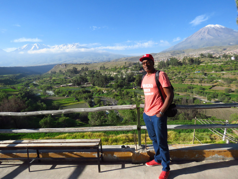 Views of Chachani (left) and El Misti (right) volcanoes from Mirador el Carmen in Arequipa