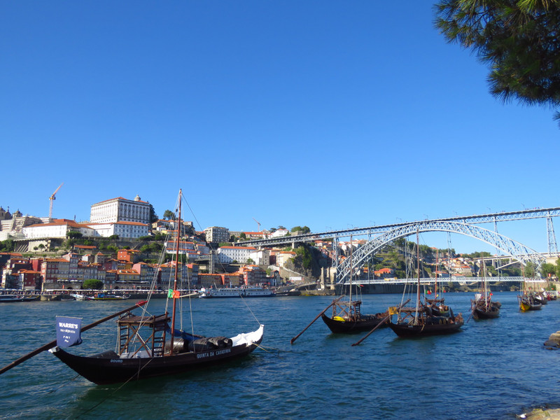 Rabelo boats on the Douro River in Porto, Ponte de Dom Luis I in the background