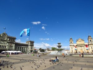 Plaza de la Constitución with "Palacio Nacional" and the cathedral, Guatemala City