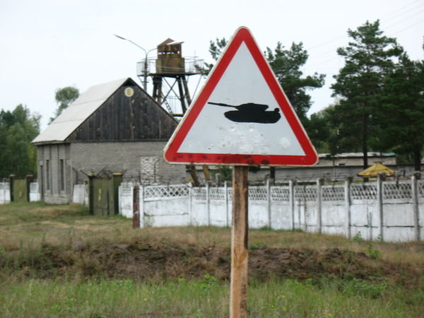 "Tanks crossing"...a military base along the road to Slavutych