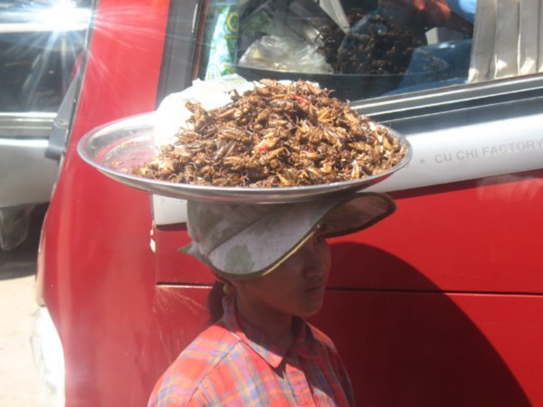 woman selling cockroaches, yummy! 