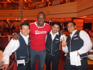 On Carnival Breeze with the waiters who served us everyday in the restaurant: Pedro (Peru), Santos (Honduras) and Suandana (Indonesia)
