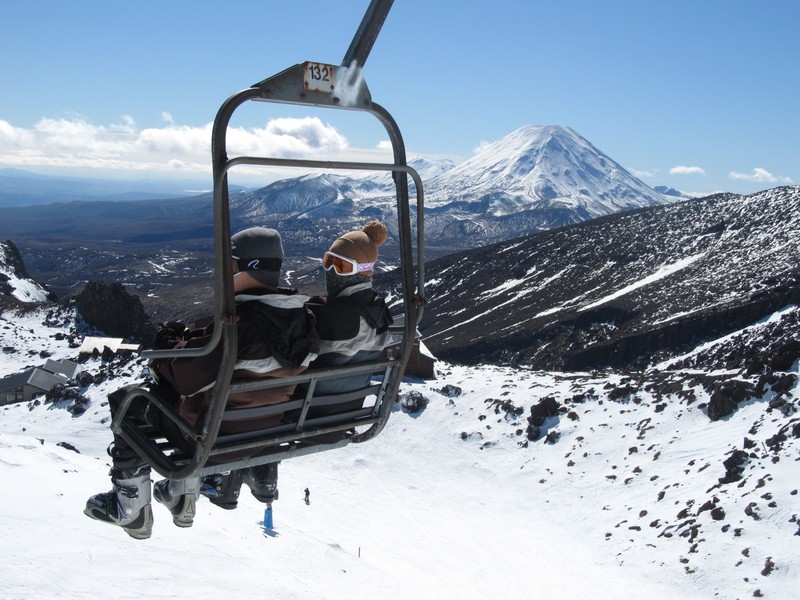 Chairlift of Mt. Ruapehu with Mt. Ngaruhoe in the background