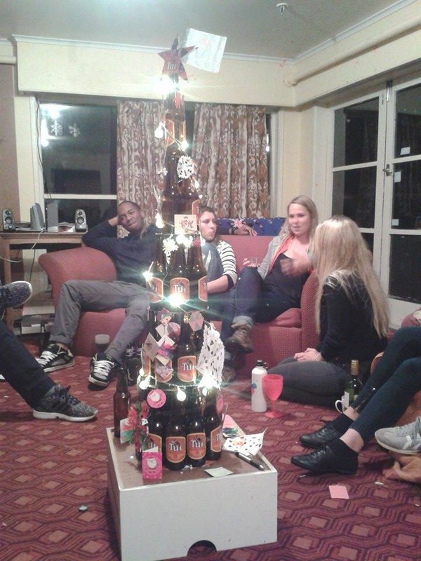 At the village with my former-colleagues and their Christmas tree mad of Tui been bottles