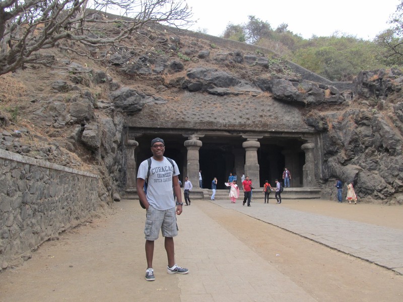 At the entrance to the main cave on Elephanta Island