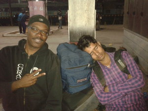 Waiting for the train at Mughalsarai station, this stranger used by bag to sleep on.