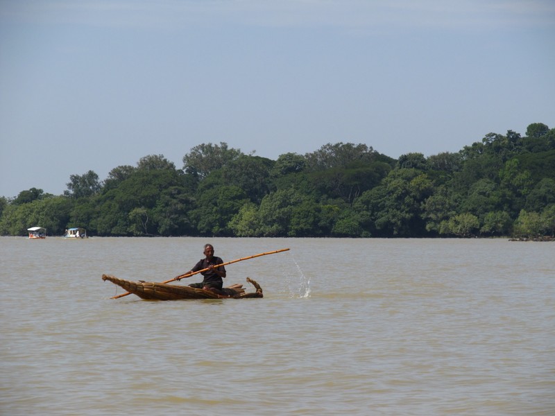 Man on his papyrus boat on Lake Tana