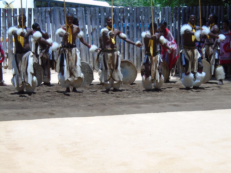 Swazi men dancing at the Swazi Cultural Village 
