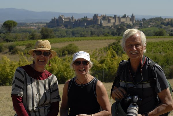 Caroline, Sue and Stephen, background Carcassonne 
