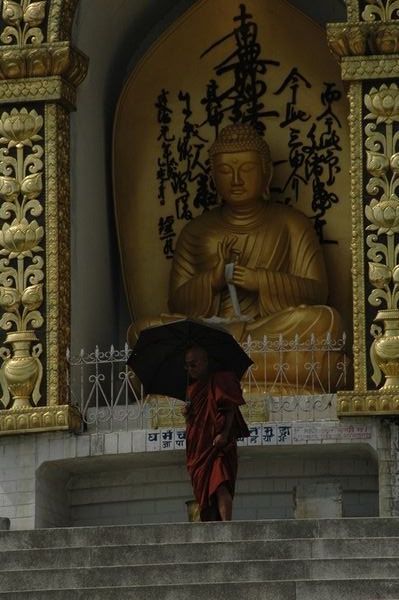 Monk in front of one the the Buddhas at the World Peace Pagoda