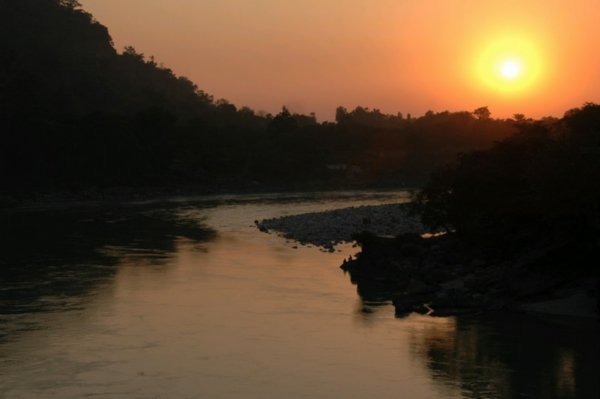 View from Laxshaman Jhula Bridge at sunset
