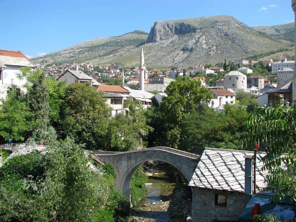 Crooked bridge and Mostar old town