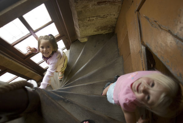 Girls climbing down the Belfry