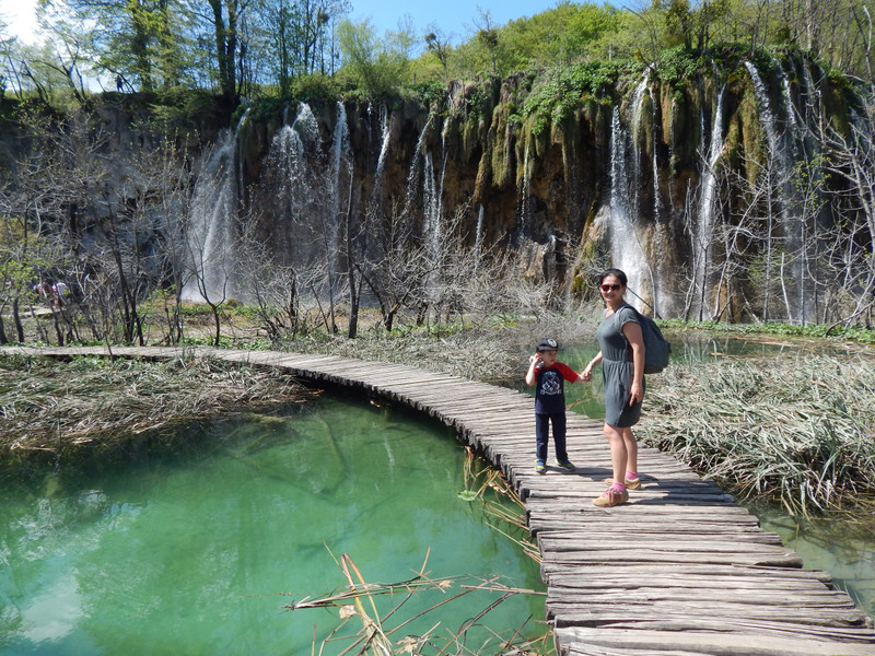 Ann and Riley at the Plitvice Lakes waterfalls